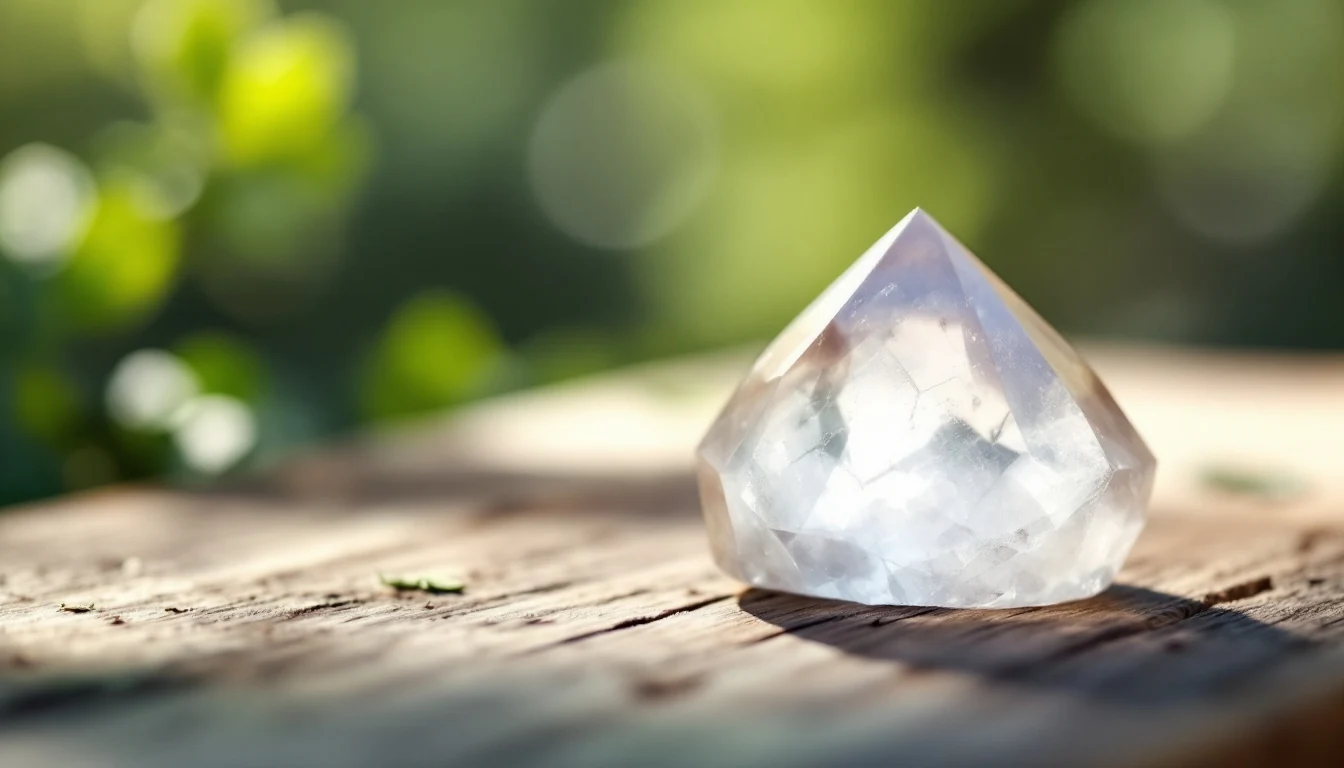 A clear crystal placed on a wooden surface with a blurred green background